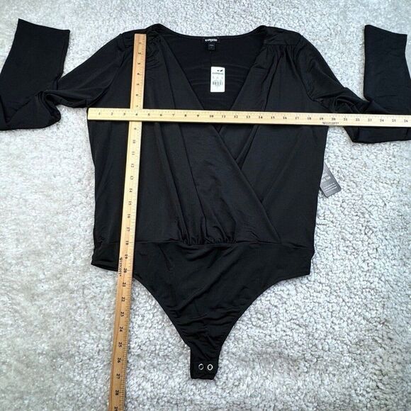 Express Black Satin Draped V-Neck Faux Wrap Thong Bodysuit NEW - Picture 10 of 10